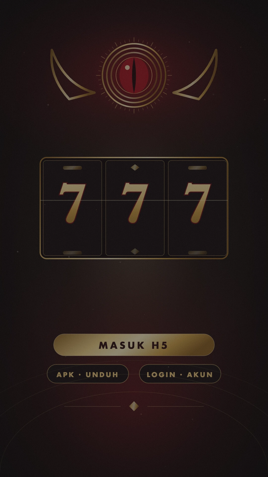 Layar lobi 3126: segel mata naga emas, tiga gulungan angka tujuh, tombol Masuk H5, dan dua chip rute APK serta Login