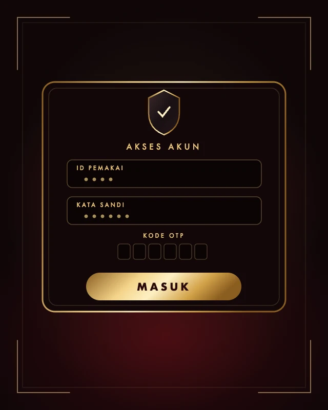 Ilustrasi orisinal panel akses akun 3126 berisi kolom ID pemakai, kata sandi, enam kotak kode OTP, dan tombol Masuk berwarna emas